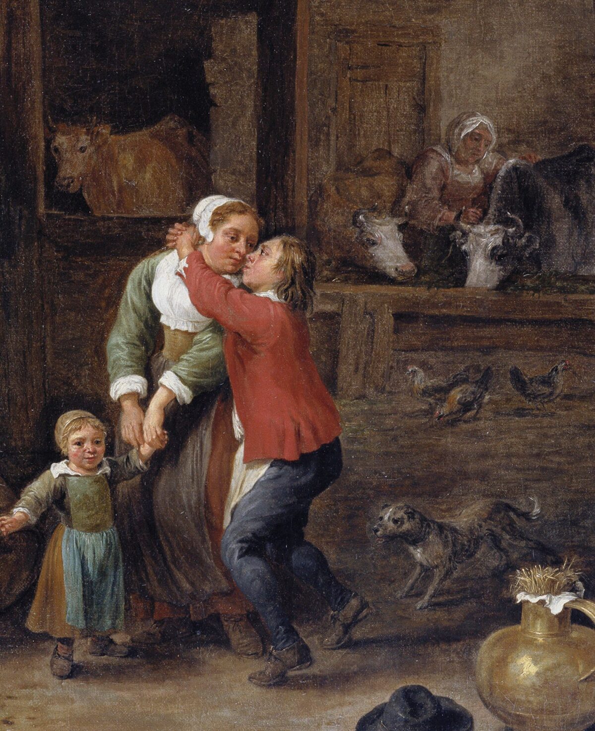 Detail of David Teniers the Younger, The Stolen Kiss: a young man kisses a woman as a small child tugs her hand